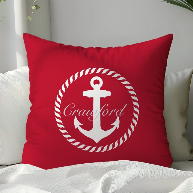 Preppy Red & White Nautical Anchor Monogram Throw Pillow (Creator Uploaded)