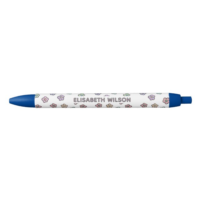 Preppy Retro Groovy Floral Black Monogram  Pen (Front)