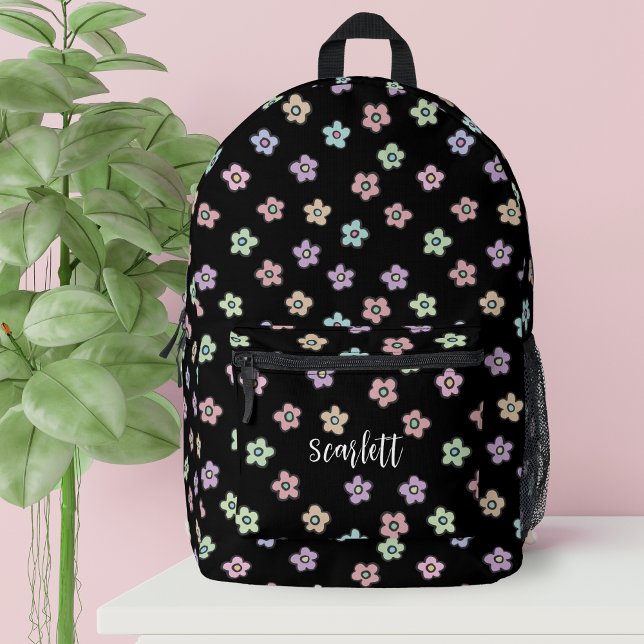 Preppy Retro Groovy Floral Black Monogram Printed Backpack (Creator Uploaded)