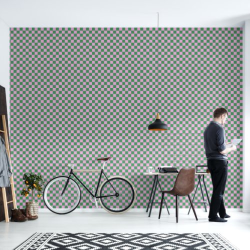 Preppy Retro Pink and Green Geometric Checkerboard Wallpaper