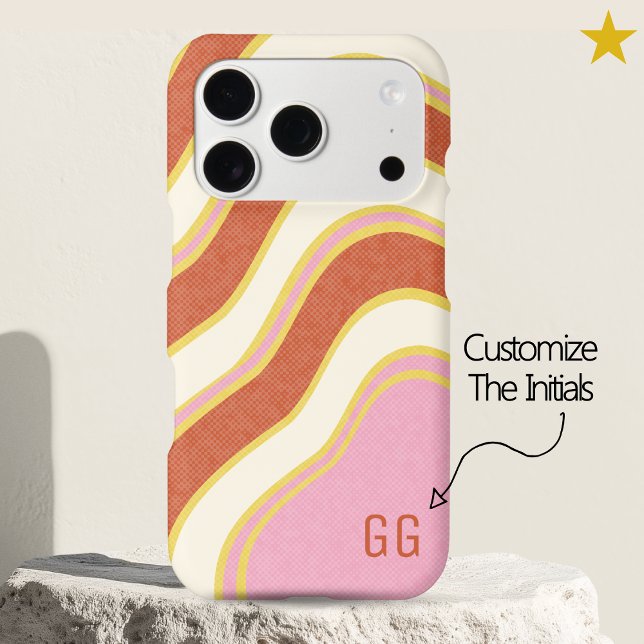Preppy Retro Wavy Stripes Custom Initial Monogram iPhone Case (Creator Uploaded)