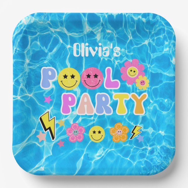 Preppy Retro Y2K Pool Party Happy Face Birthday Paper Plates (Front)
