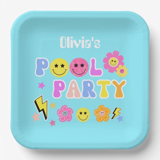 Preppy Retro Y2K Pool Party Happy Face Birthday Paper Plates (Front)