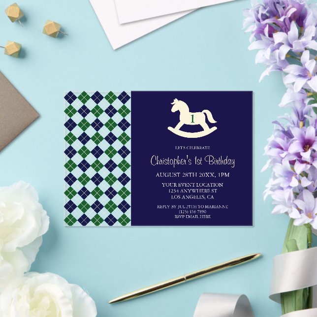 Preppy Rocking Horse Argyle 1st Birthday Acrylic Invitations (Insitu (Wedding))