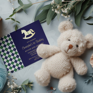 Preppy Rocking Horse Argyle 1st Birthday Foil Invitation
