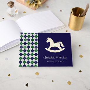 Preppy Rocking Horse Argyle 1st Birthday Guest Book