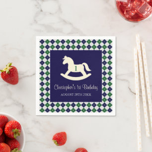Preppy Rocking Horse Argyle 1st Birthday Napkins
