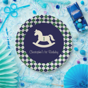 Preppy Rocking Horse Argyle 1st Birthday Paper Plates