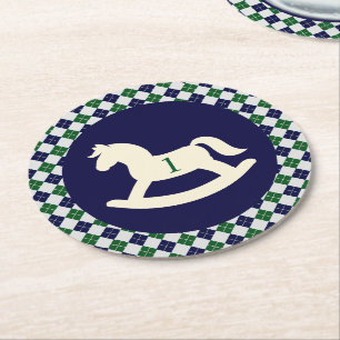 Preppy Rocking Horse Argyle 1st Birthday Round Paper Coaster