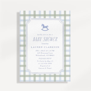Preppy Rocking Horse Blue and Sage Plaid Baby Show Invitation