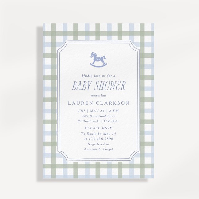 Preppy Rocking Horse Blue and Sage Plaid Baby Show Invitation (Creator Uploaded)