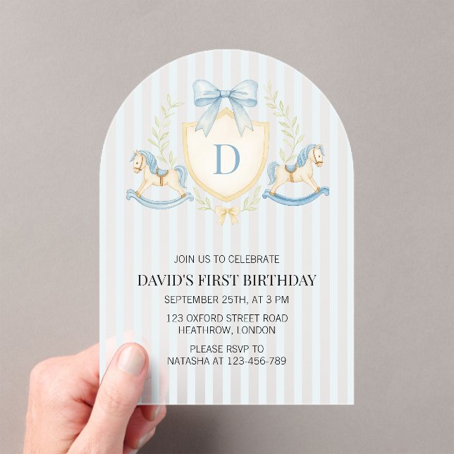 Preppy Rocking Horse Boy First Birthday Acrylic Invitations (Insitu (Handheld))