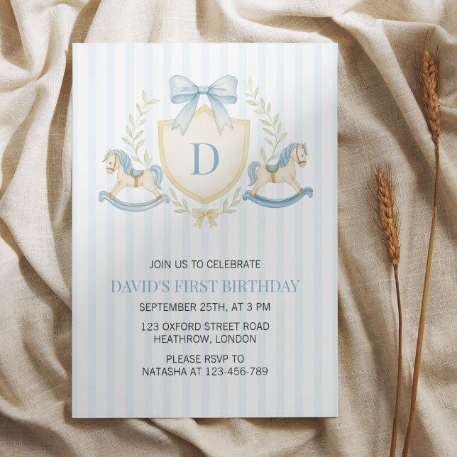 Preppy Rocking Horse Boy First Birthday Invitation (Creator Uploaded)