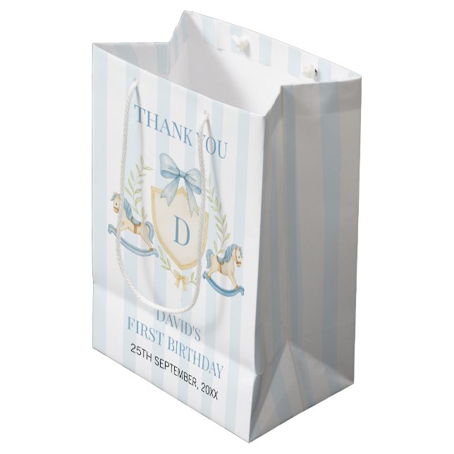 Preppy Rocking Horse Boy First Birthday Medium Gift Bag (Front Angled)