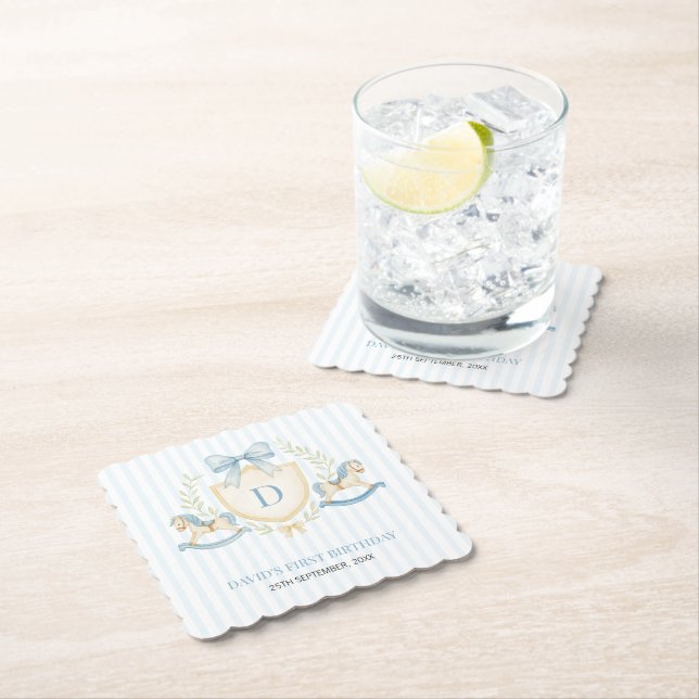Preppy Rocking Horse Boy First Birthday Paper Coaster (Insitu)