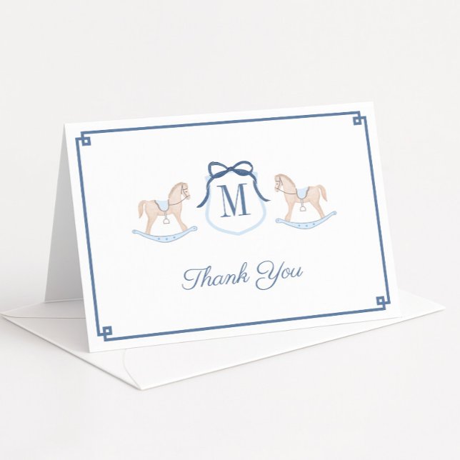 Preppy Rocking Horse Monogram Baby Shower Thank You Card (Preppy watercolor monogram rocking horse thank you card with navy blue Greek Key border)