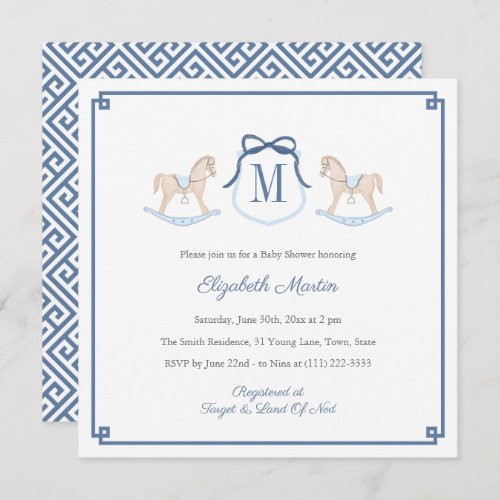 Preppy Rocking Horse Monogram Boy Baby Shower Invitation