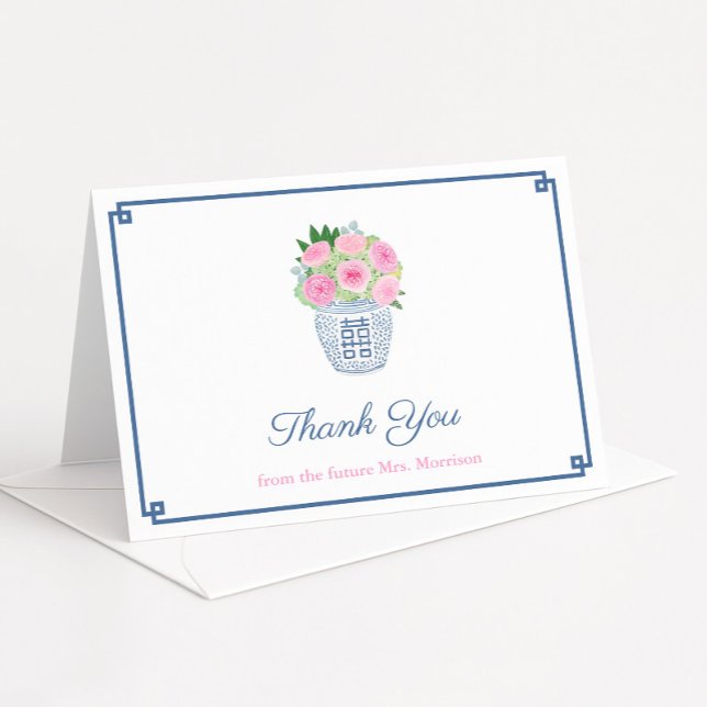Preppy Roses Ginger Jar Bridal Shower Personalized Thank You Card (Chinoiserie chic pink and navy blue thank you card design with hot pink roses in ginger jar)