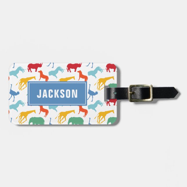 Preppy Safari Animal Personalize Silhouette Boy Luggage Tag (Front Horizontal)
