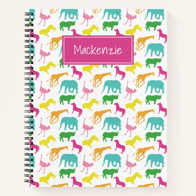 Preppy Safari Animal Pink Yellow Aqua Personalized Notebook (Front)