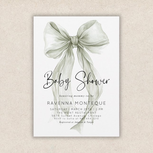 Preppy Sage Bow Clean Personalized Baby Shower  Invitation (Creator Uploaded)