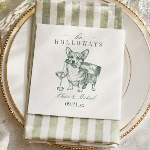 Preppy Sage Green Corgi Champagne Wedding Napkins