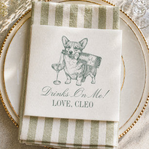 Preppy Sage Green Corgi Champagne Wedding Napkins