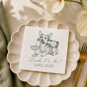 Preppy Sage Green Corgi Champagne Wedding Napkins