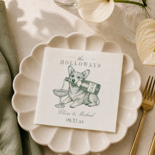 Preppy Sage Green Corgi Champagne Wedding Napkins
