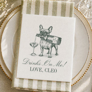Preppy Sage Green French Bulldog Champagne Wedding Napkins