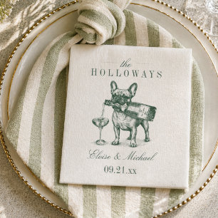 Preppy Sage Green French Bulldog Champagne Wedding Napkins
