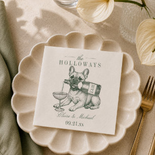 Preppy Sage Green French Bulldog Champagne Wedding Napkins