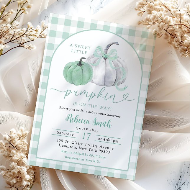 Preppy Sage Green Gingham Pumpkin Baby Shower Invitation (Creator Uploaded)