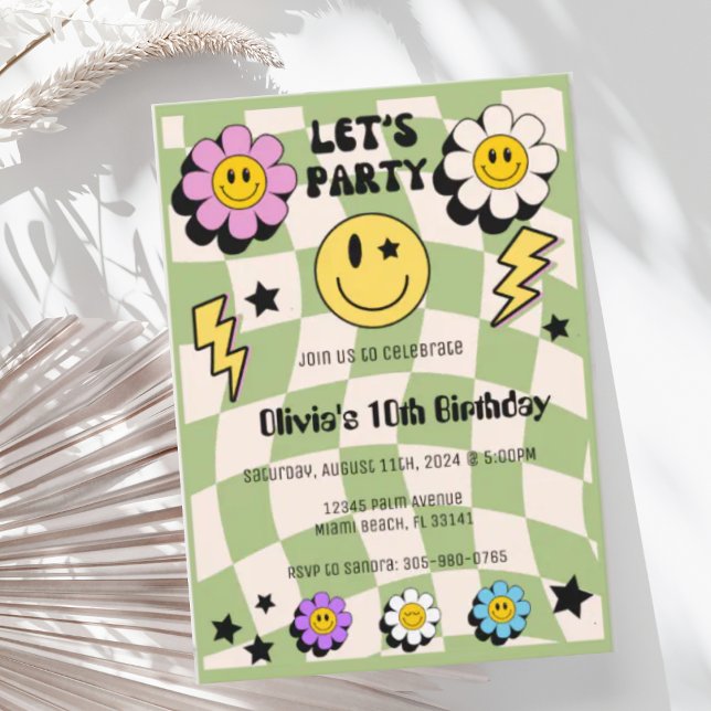 Preppy Sage Green Happy Face Party Birthday Invitation (Creator Uploaded)