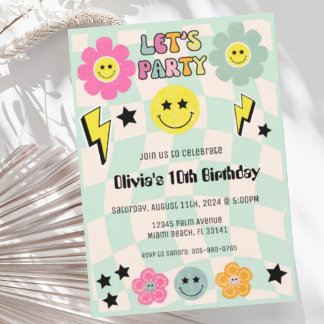 Preppy Sage Green Happy Face Party Birthday Invitation