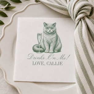 Preppy Sage Green Shorthair Cat Champagne Wedding Napkins