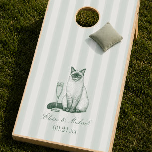 Preppy Sage Green Stripe Siamese Cat Wedding Cornhole Set