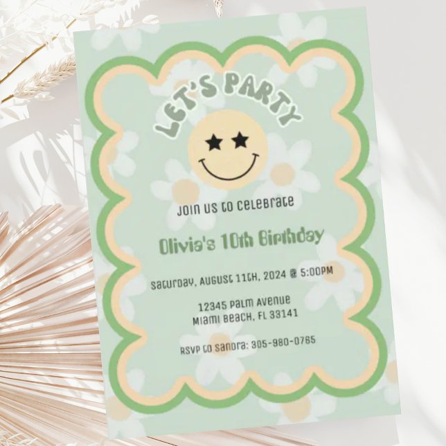 Preppy Sage Green Y2K Happy Face Party Birthday Invitation (Creator Uploaded)