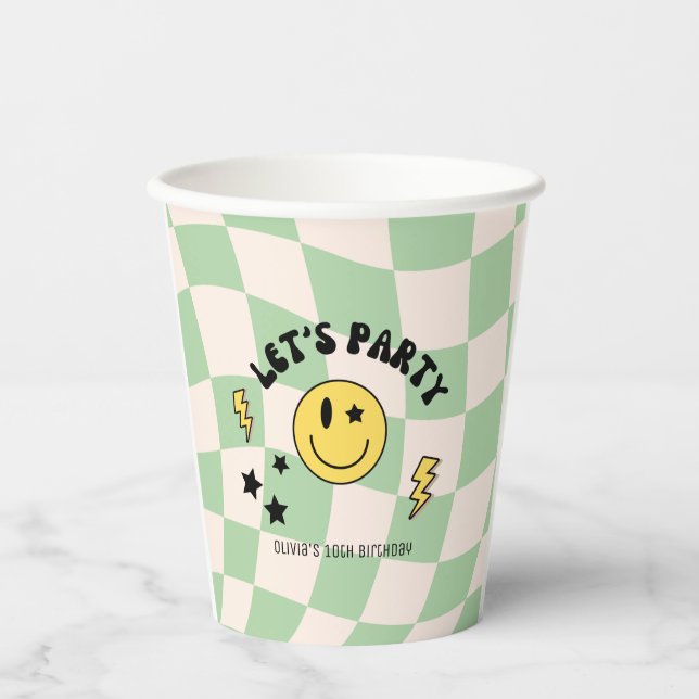 Preppy Sage Green Y2K Retro Birthday Paper Cups (Front)
