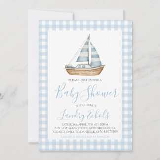 Preppy Sail boat Nautical Blue Boy Baby Shower Invitation
