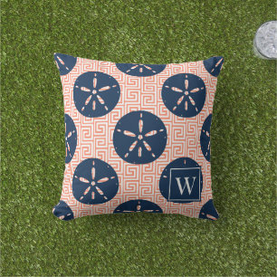 Preppy Sand Dollar Greek Key Navy & Coral Monogram Outdoor Pillow