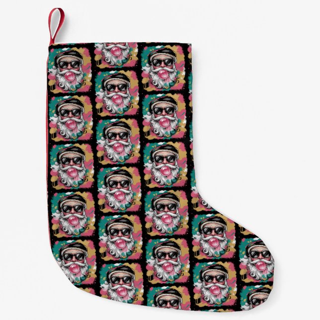 Preppy Santa Coquette Christmas Glitter Girly Pink Small Christmas Stocking (Front)