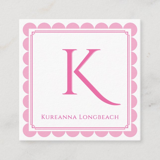 Preppy Scallop Monogram Initial Pink Green Calling Enclosure Card (Front)