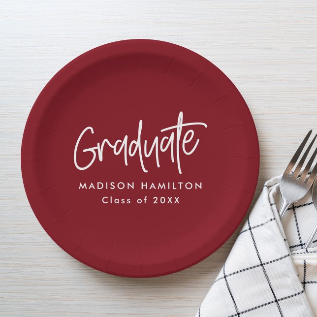 Preppy Script Burgundy Graduation Paper Plates (Creator Uploaded)