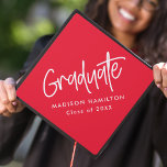 Preppy Script Red  Graduation Cap Topper<br><div class="desc">Customize your graduation cap by adding a personalized graduation cap topper. The graduation cap topper features "Graduate" in a white handwritten script with a red background or color of your choice. Personalize the red graduation cap topper by adding the graduate's name and graduation year.</div>