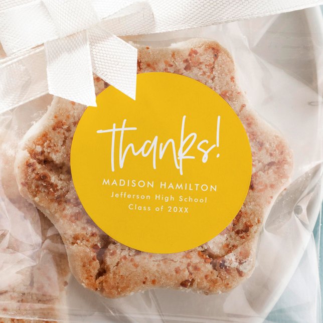 Preppy Script Yellow Graduation Thank You Classic Round Sticker (Creator Uploaded)