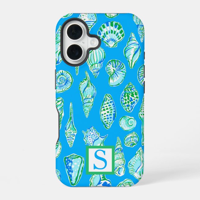 Preppy Sea Shells on Blue Background Monogram Iphone Case (Back)