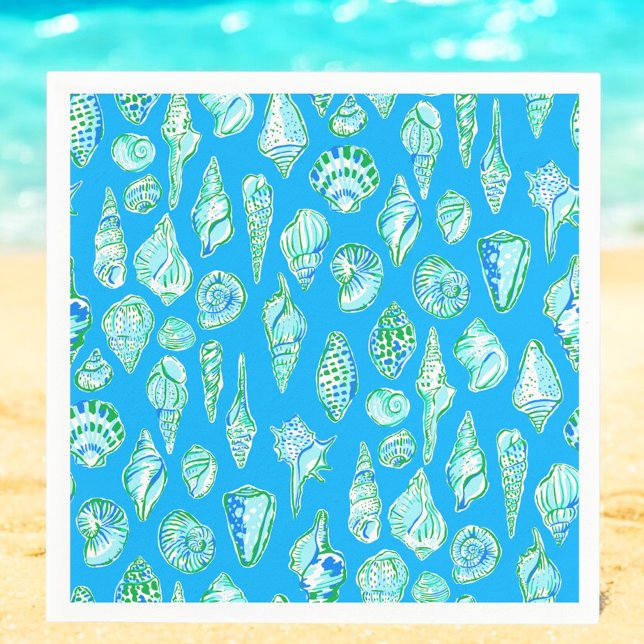 Preppy Sea Shells on Blue Seaside Coastal Napkins (Creator Uploaded)