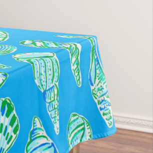 Preppy Sea Shells on Blue Seaside Coastal Tablecloth