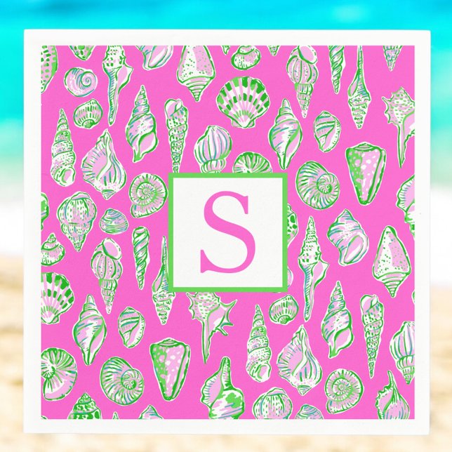 Preppy Sea Shells on Hot Pink Monogram Seaside Napkins (Creator Uploaded)